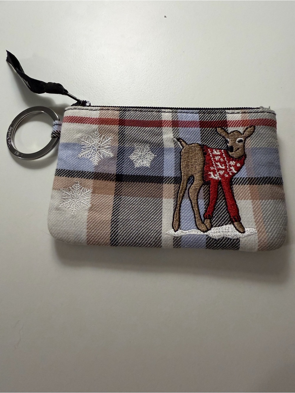 Vera Bradley Plaid Deer Embroidered Zip Pouch in Beige and Blue